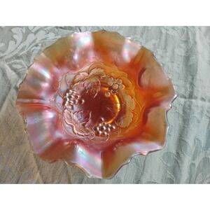 Dugan Carnival Glass Golden Grapes Marigold‎ Decorative Bowl Ruffled Vintage